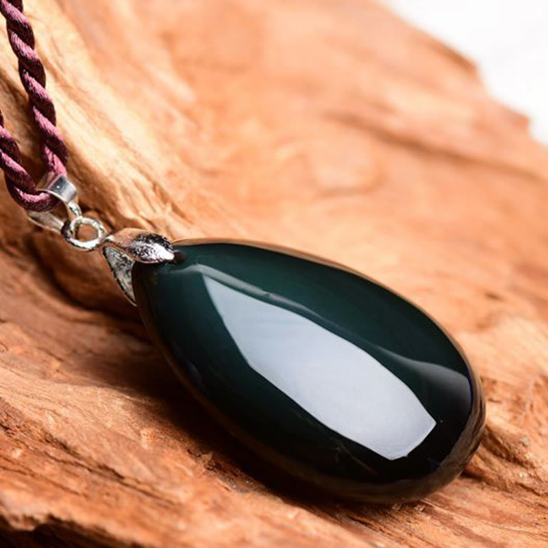 Wear FengShui Gold Sheen Obsidian Black Obsidian Rainbow Obsidian Wealth Water Drop Necklace Pendant