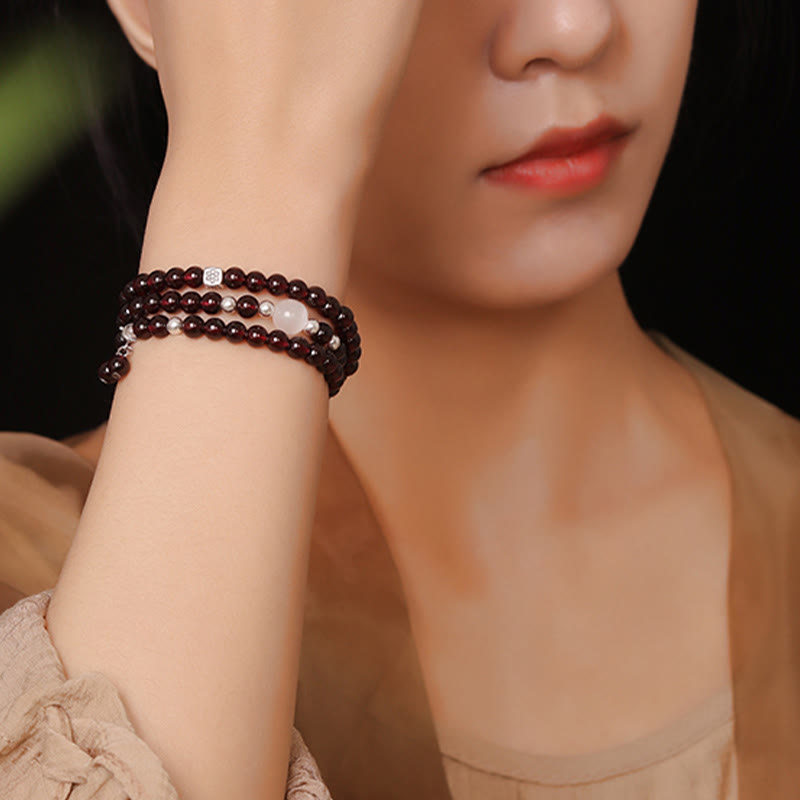 Wear FengShui 925 Sterling Silver Natural Garnet Cat Eye Protection Triple Wrap Bracelet