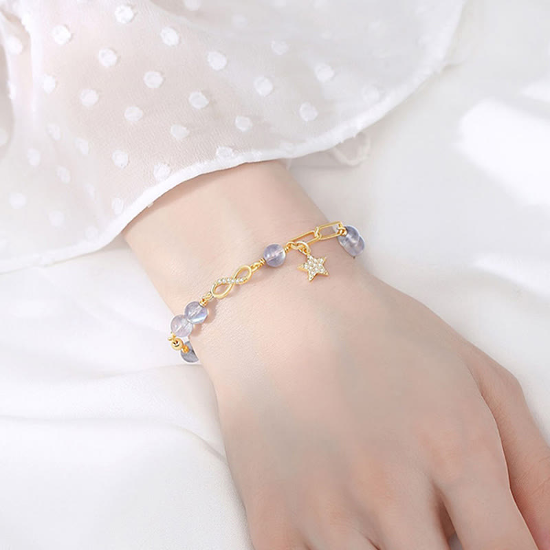 Wear FengShui 14K Gold Plated Natural Strawberry Quartz Moonstone Möbius Loop Eternal Love Star Positive Bracelet