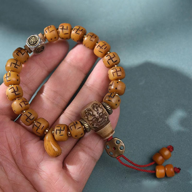 Wear FengShui Natural Tibetan Camel Bone Swastika Dzi Bead Shankha Buddha Charm Kirtimukha Luck Protection Tassel Bracelet