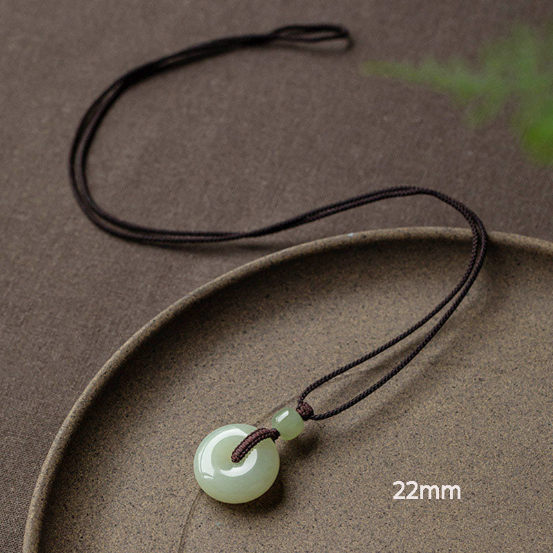 Wear FengShui Natural Round Jade Peace Buckle Luck Prosperity Necklace Pendant