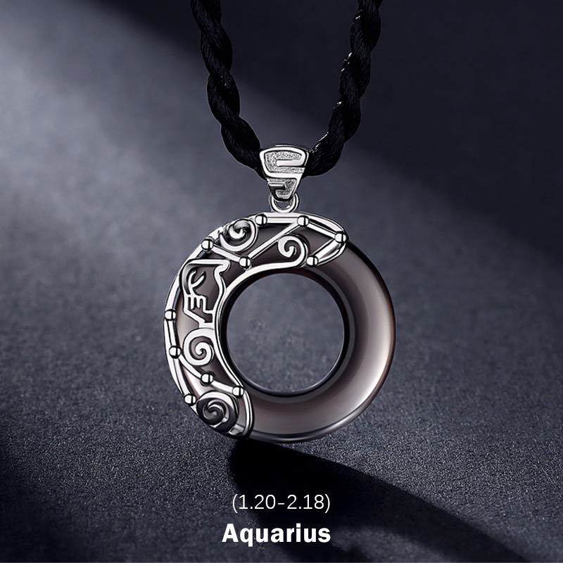 Wear FengShui 12 Constellations of the Zodiac Ice Obsidian Blessing Round Pendant Necklace