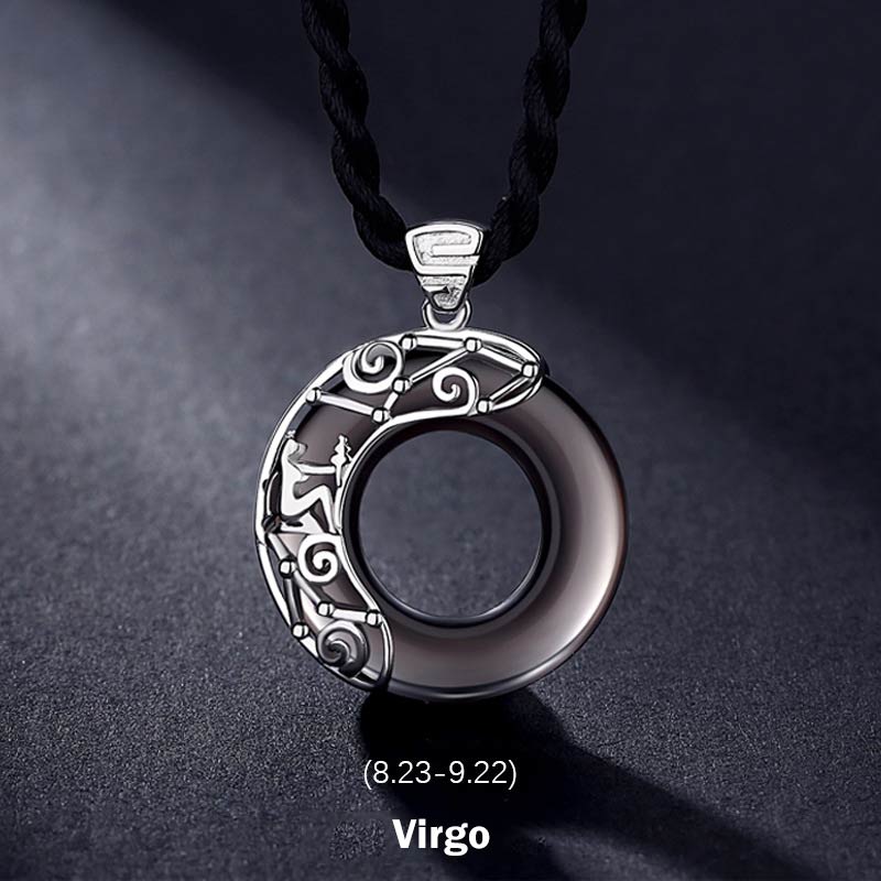 Wear FengShui 12 Constellations of the Zodiac Ice Obsidian Blessing Round Pendant Necklace