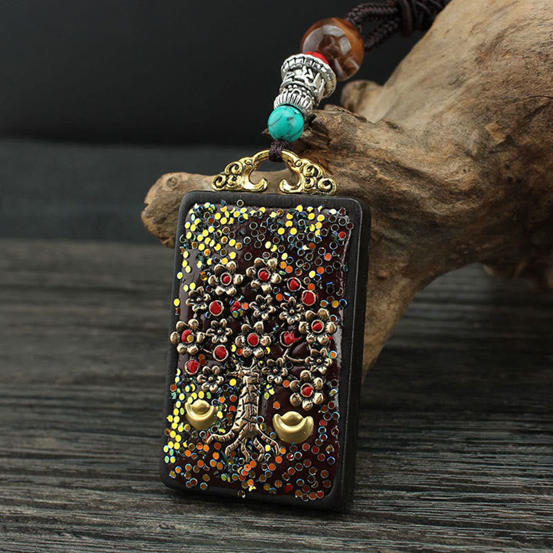 Wear FengShui Tibet God Of Wealth Money Tree Golden Phoenix Thangka Ebony Peace Necklace Pendant