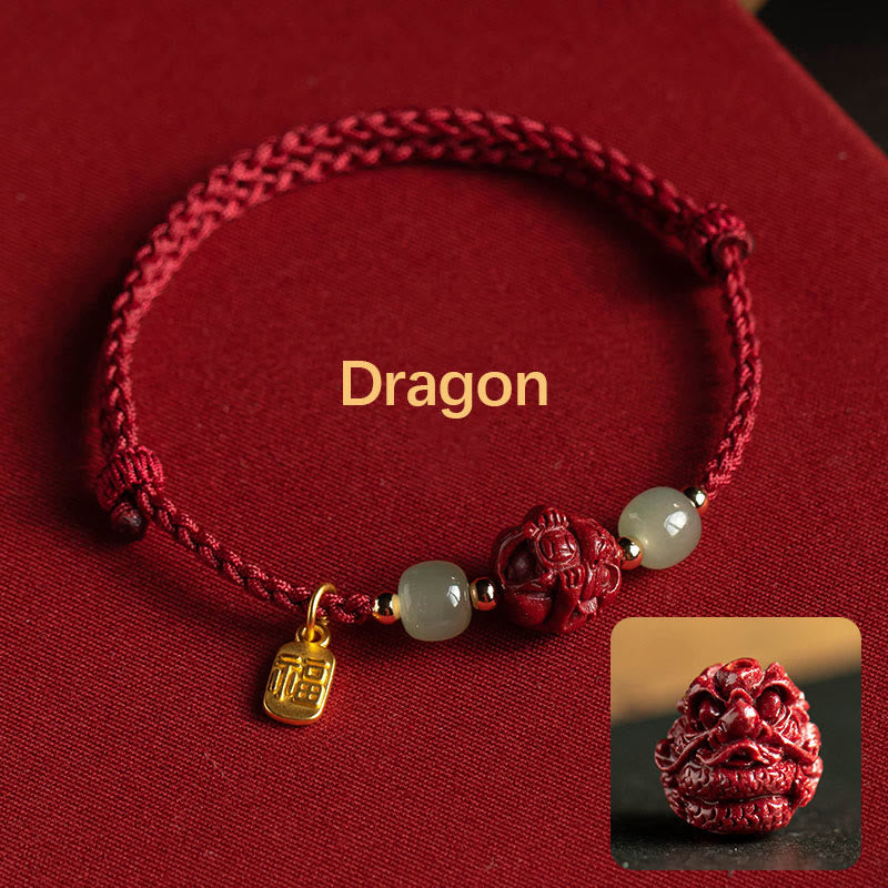 Wear FengShui Natural Cinnabar Chinese Zodiac Hetian Jade Fu Character Luck Rope Bracelet
