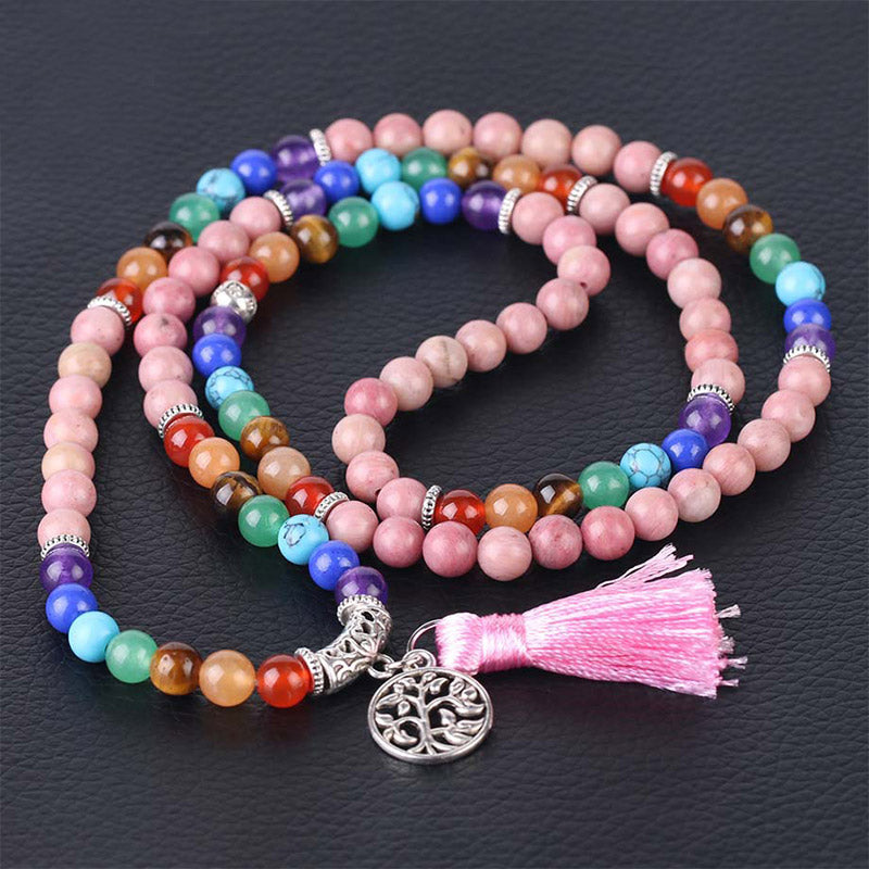 Wear FengShui 108 Mala Beads Rhodonite Blue Crystal Lazulite Healing Bracelet