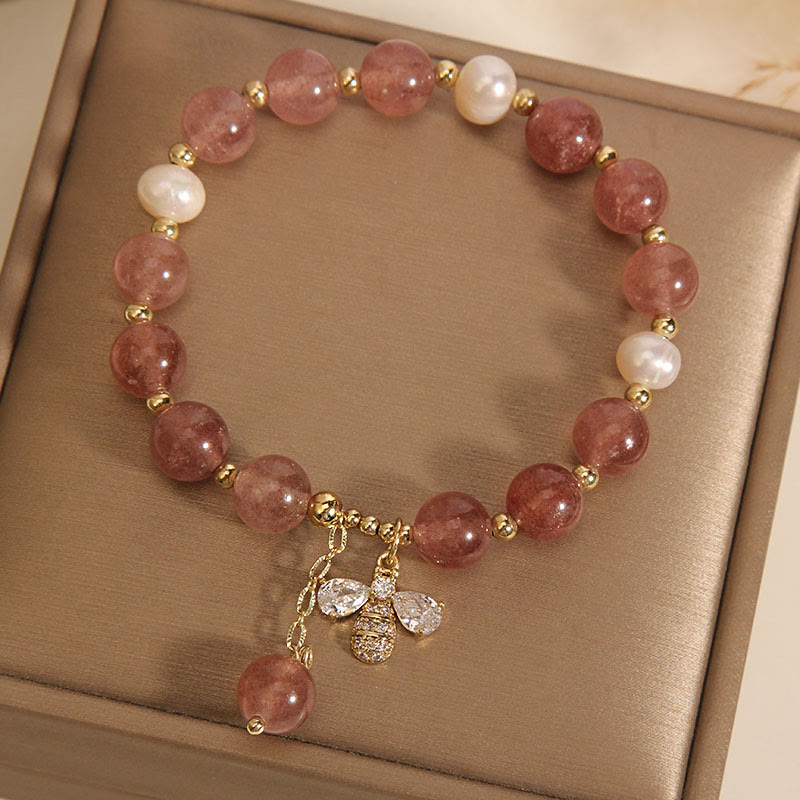 Wear FengShui Strawberry Quartz Pearl Cute Zircon Honeybee Positive Charm Bracelet