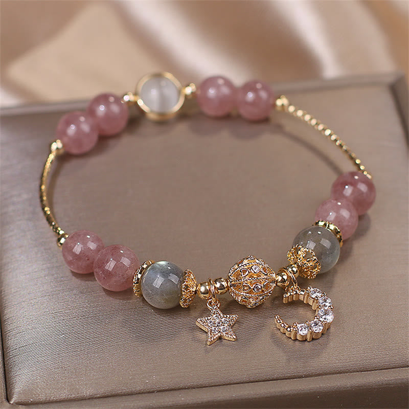 Wear FengShui Strawberry Quartz Moonstone Moon Star Love Bracelet