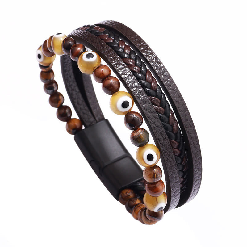 Wear FengShui Evil Eye Tiger Eye Protection Beaded Multilayered Braided Bracelet
