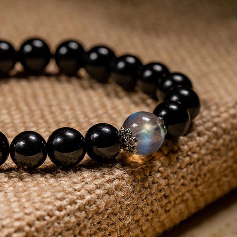 Wear FengShui Chinese Zodiac Natal Buddha 925 Sterling Silver Black Obsidian Moonstone Strength Bracelet