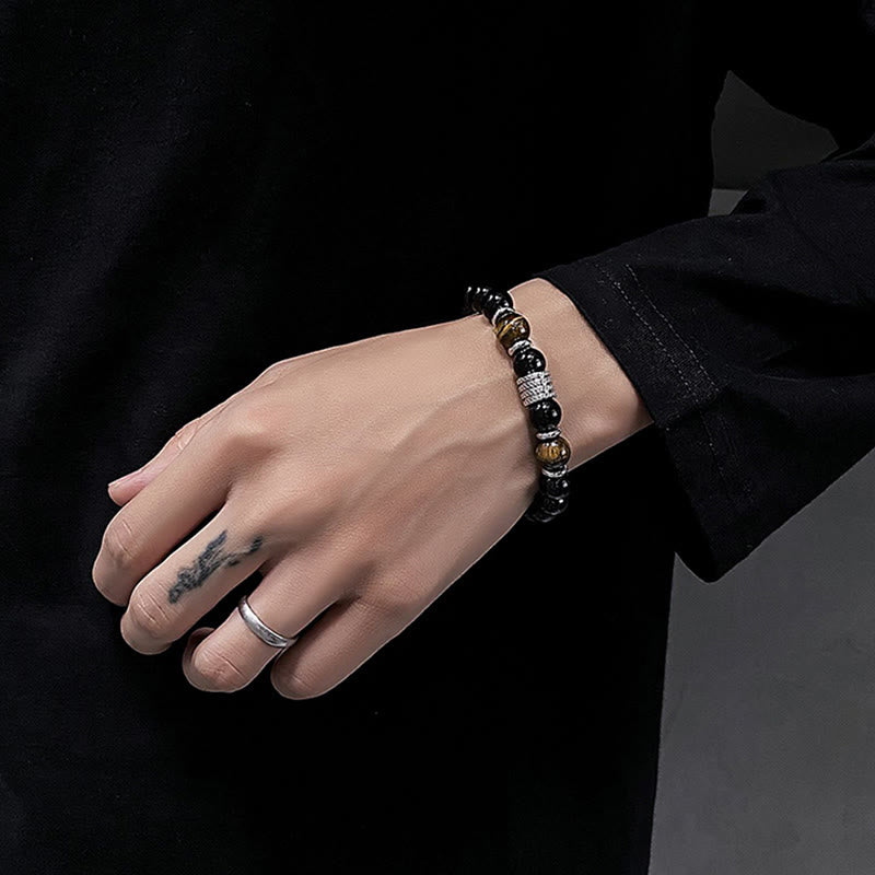 Wear FengShui Natural Black Obsidian Tiger Eye Strength Fulfillment Bracelet