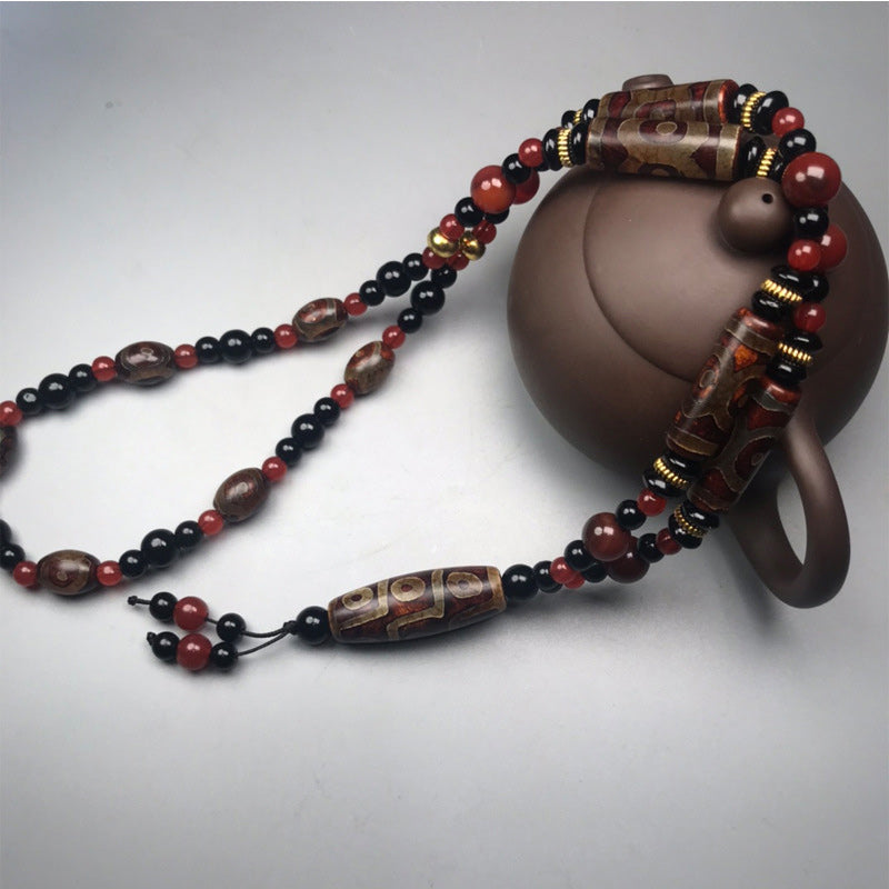 Wear FengShui Nine-Eye Dzi Bead Red Agate Wealth Health Necklace