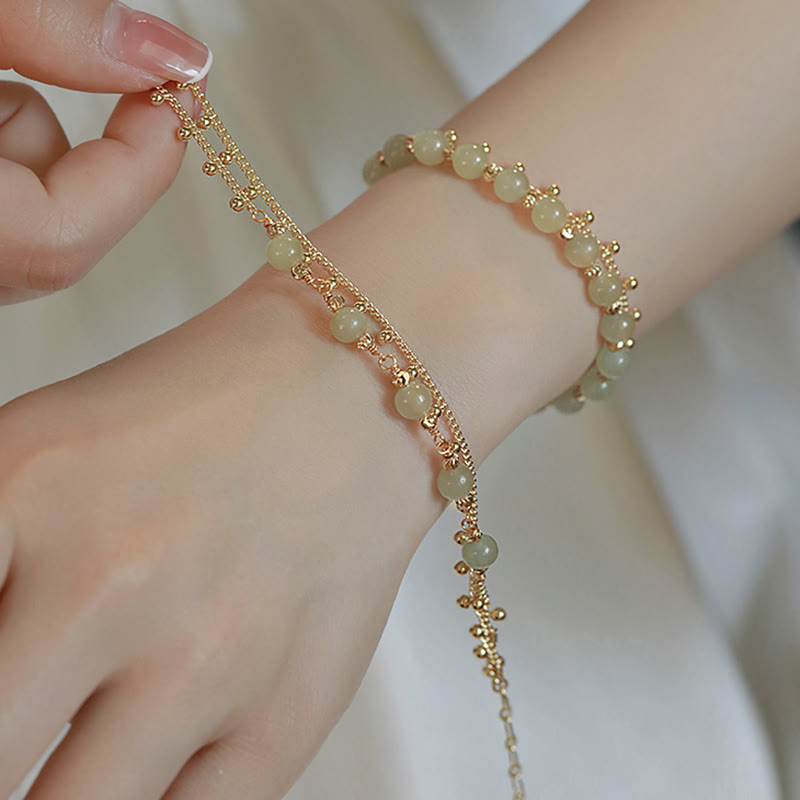 Wear FengShui 14K Gold Plated 2 Layers Hetian Jade Bead Luck Prosperity Bracelet