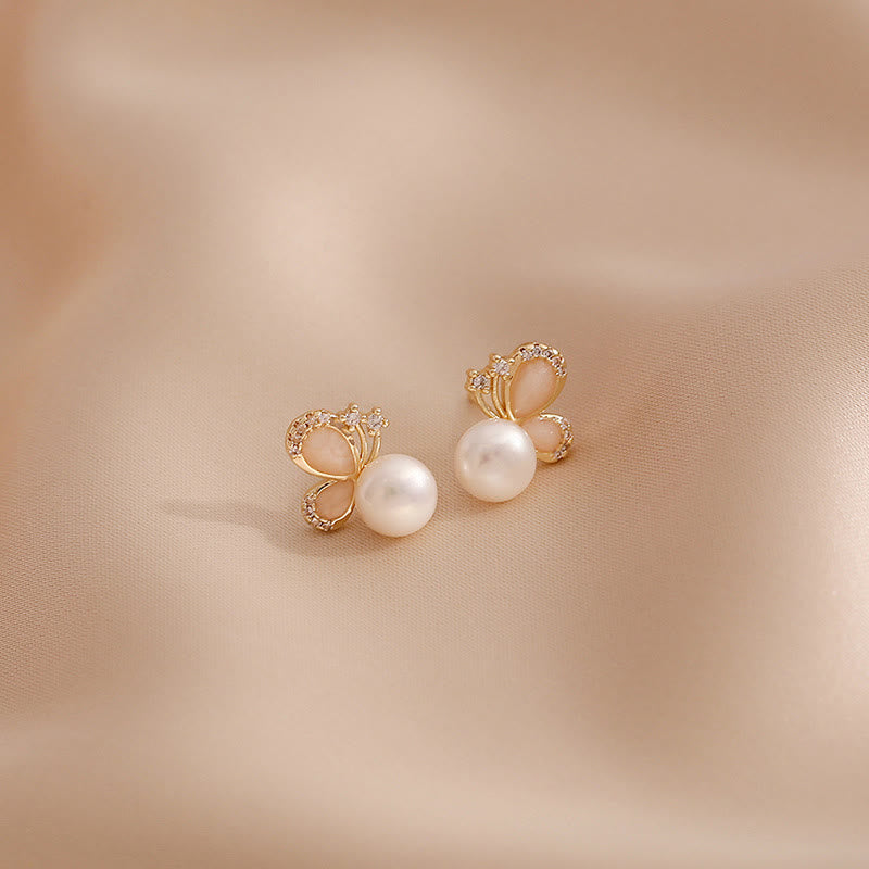 Wear FengShui 18k Gold Plated Pearl Butterfly Love Freedom Stud Earrings