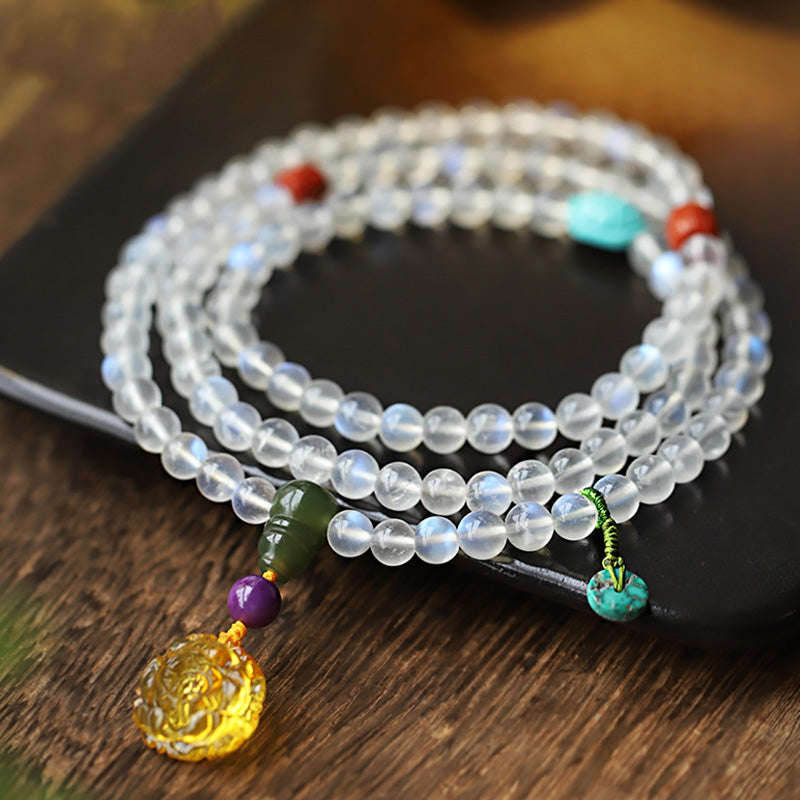 Wear FengShui 108 Mala Beads Moonstone Amber Lotus Turquoise Crystal Healing Bracelet