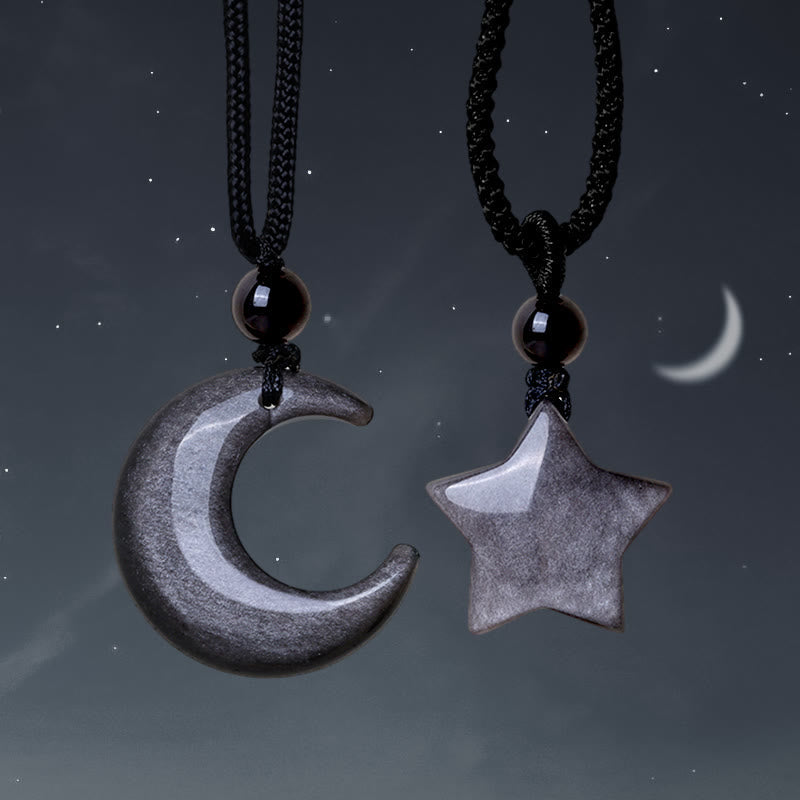 Wear FengShui Natural Silver Sheen Obsidian Star Crescent Moon Protection Necklace Pendant