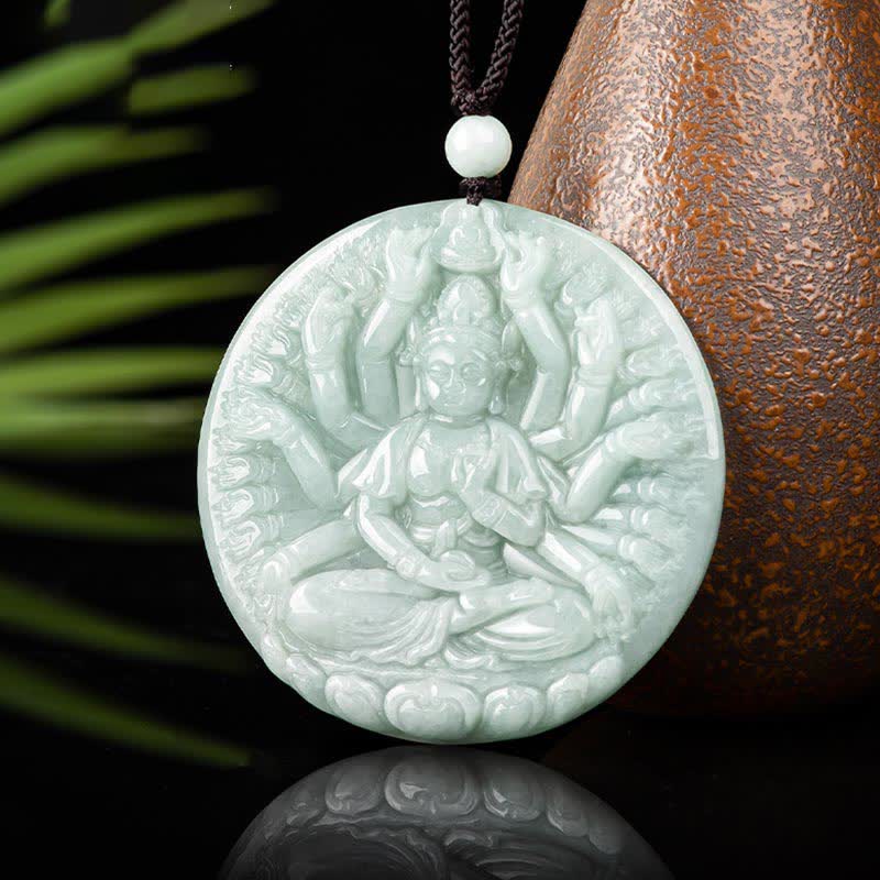 Wear FengShui Thousand-Hand Kwan Yin Avalokitesvara Jade Blessing String Necklace Pendant