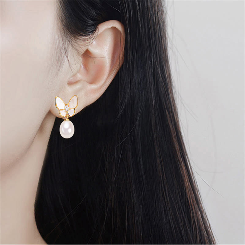 Wear FengShui 925 Sterling Silver Posts 18K Gold Plated Copper Pearl Butterfly Optimism Stud Earrings