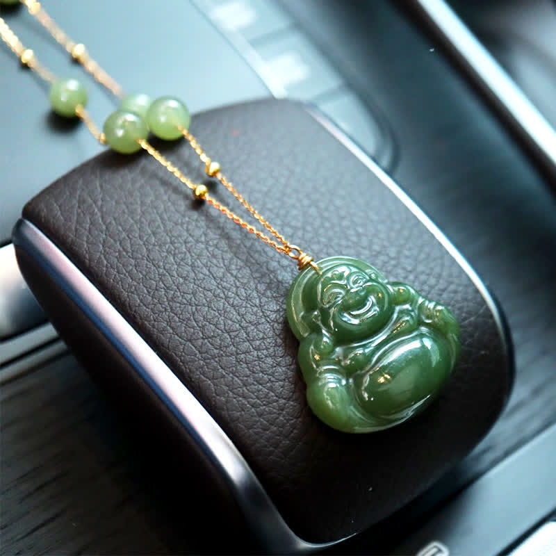 Wear FengShui Laughing Buddha Hetian Jade Luck Necklace Bead Chain Pendant