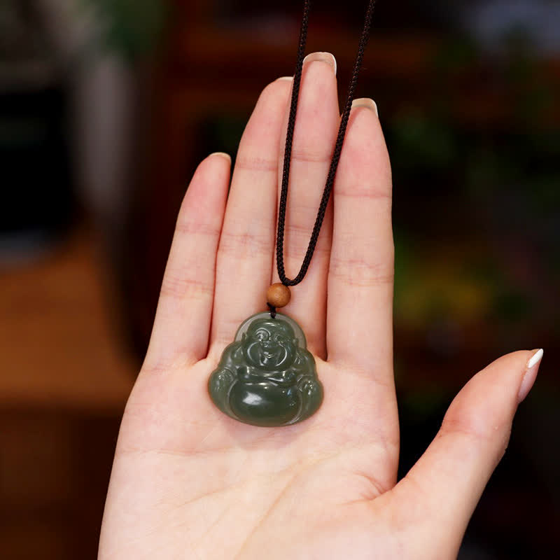 Wear FengShui Laughing Buddha Hetian Jade Healing Calm Necklace String Pendant
