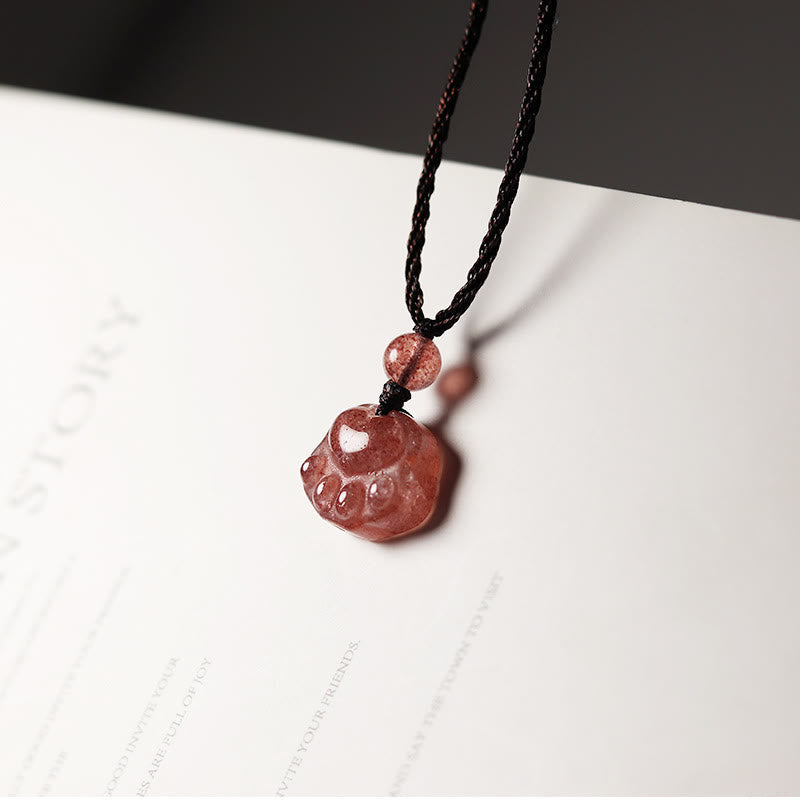 Wear FengShui Strawberry Quartz Lovely Cat Paw Claw Healing Necklace Pendant