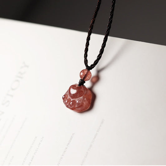 Wear FengShui Strawberry Quartz Lovely Cat Paw Claw Healing Necklace Pendant