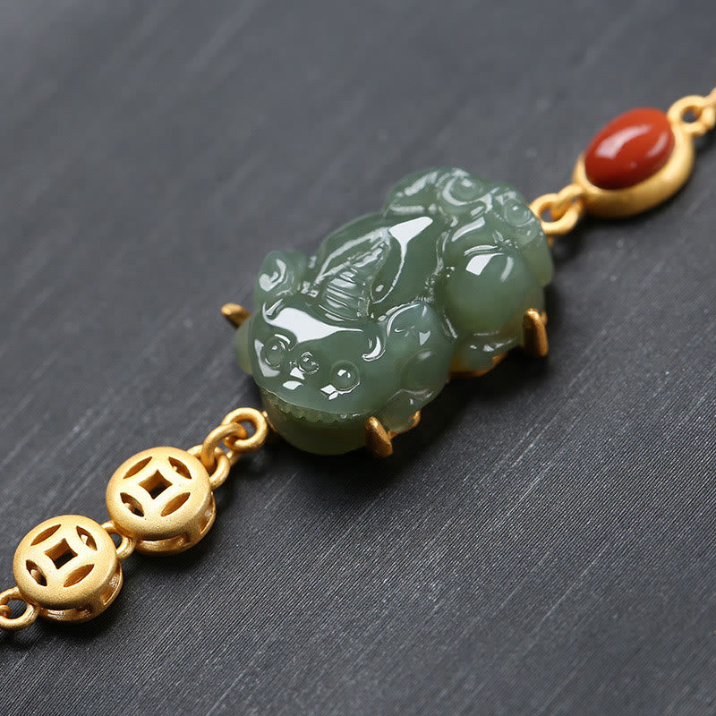 Wear FengShui Cyan Jade PiXiu Copper Coin Red Agate Success Chain Bracelet