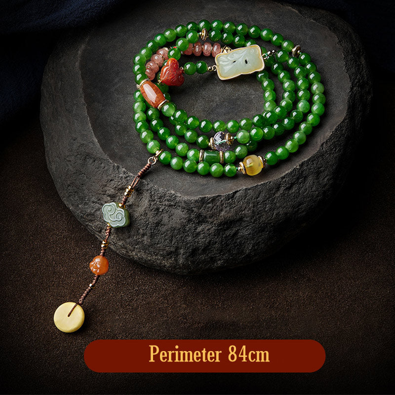 Wear FengShui 108 Mala Beads Cyan Jade Red Agate Laughing Buddha Luck Bracelet