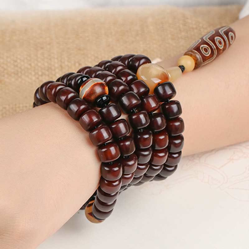 Wear FengShui 108 Mala Beads Three-eyed Dzi Bead Nine-eye Dzi Bead Jade Luck Bracelet