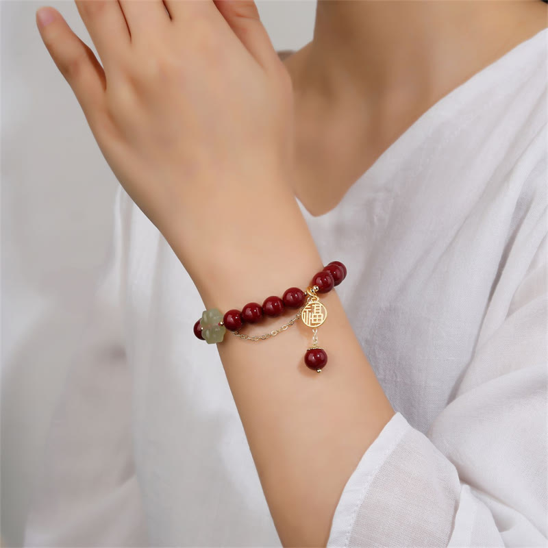 Wear FengShui Cinnabar Fu Character Hetian Jade Lucky Four Leaf Clover Blessing Bracelet