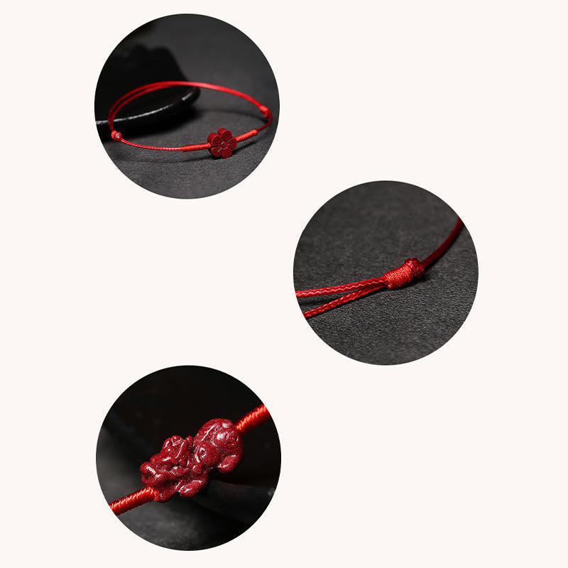 Wear FengShui Handmade Plum Blossom Four Leaf Clover PiXiu Lotus Koi Fish Cinnabar Blessing Braid Bracelet