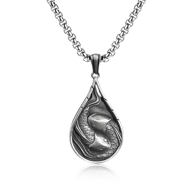 Wear FengShui Double Lucky Koi Fish Prosperity Pure Tin Water Drop Pattern Necklace Pendant