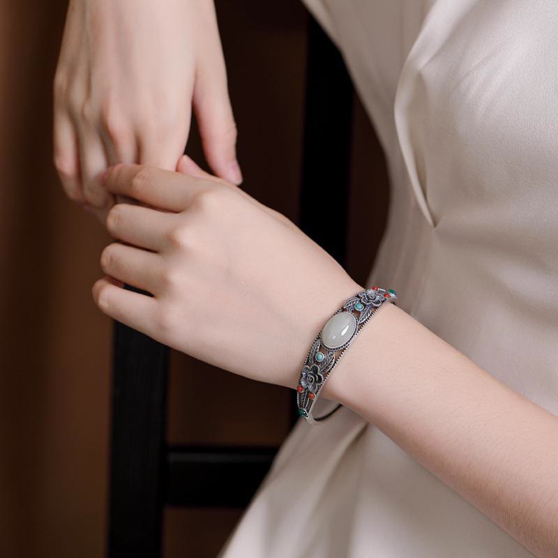 Wear FengShui Cyan Jade White Jade Flower Leaf Harmony Luck Bracelet Bangle
