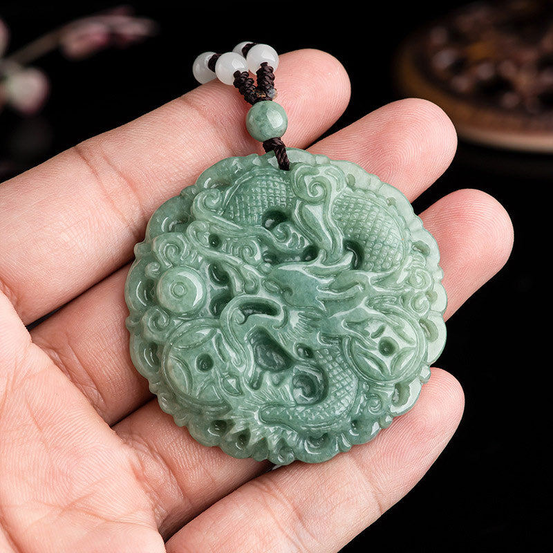 Wear FengShui Chinese Zodiac Dragon Jade Fortune Necklace String Pendant