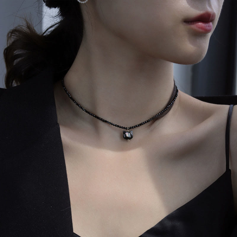 Wear FengShui Black Spinel Cute Cat Motivate Choker Necklace