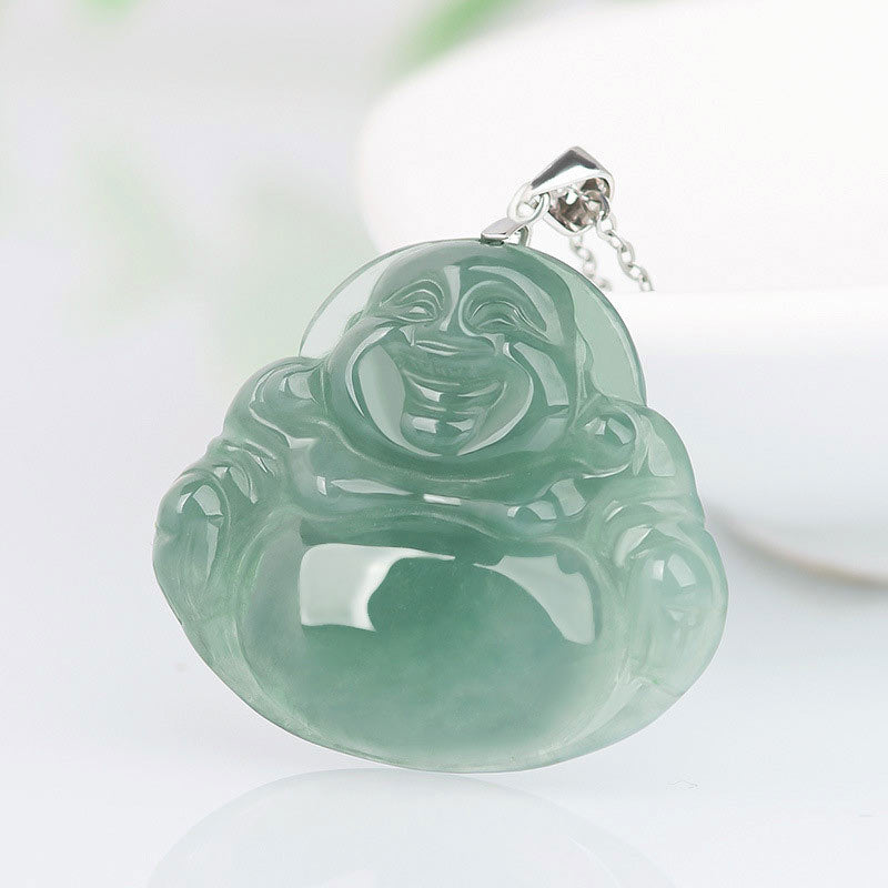 Wear FengShui Laughing Buddha Jade Protection Calm Titanium Steel Chain Necklace Pendant