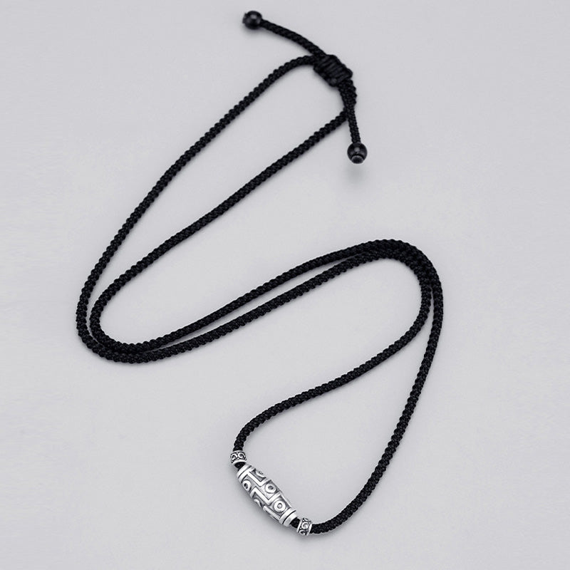 Wear FengShui 999 Sterling Silver Nine-Eye Dzi Bead Pattern Protection Rope Necklace Pendant