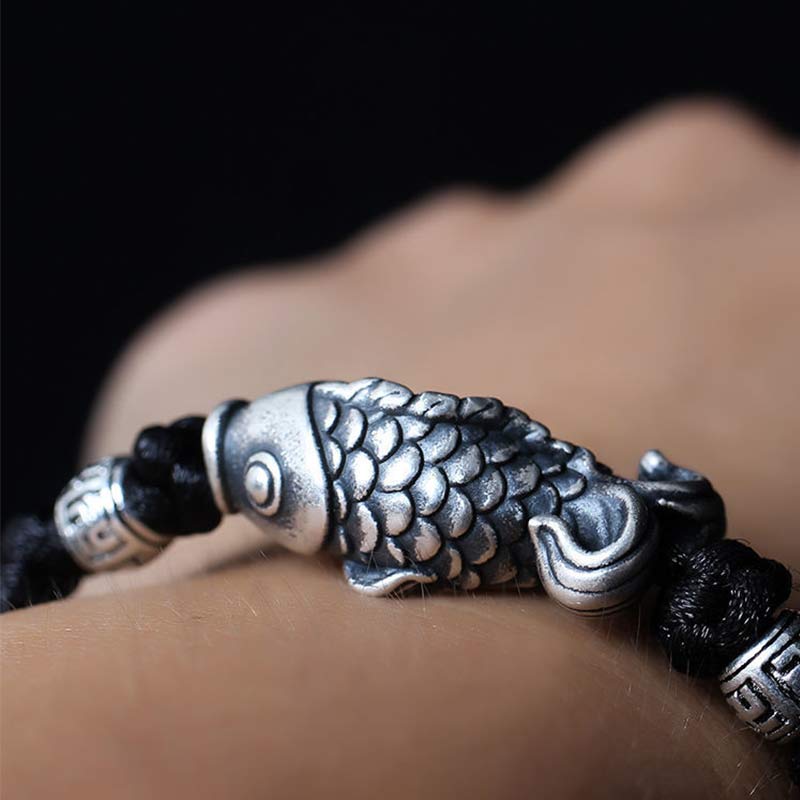 Wear FengShui Silver Luck Koi Fish Braided String Bracelet