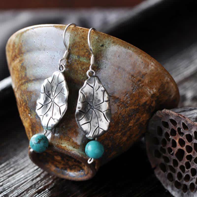 Wear FengShui 925 Sterling Silver Turquoise Lotus Leaf Protection Drop Dangle Earrings