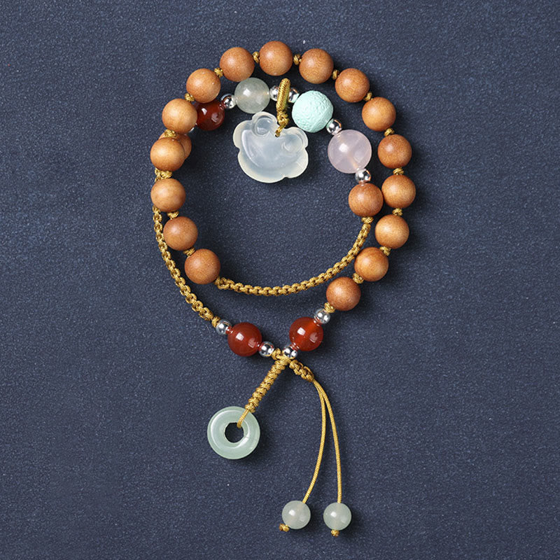 Wear FengShui Green Sandalwood Chalcedony Peace Buckle Charm Soothing Double Wrap Bracelet