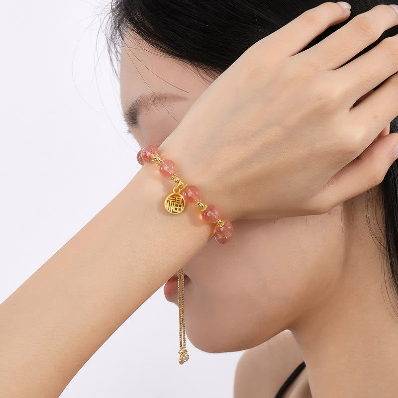 Wear FengShui 14K Gold Plated Natural Strawberry Quartz Fu Character Positive Charm Bracelet