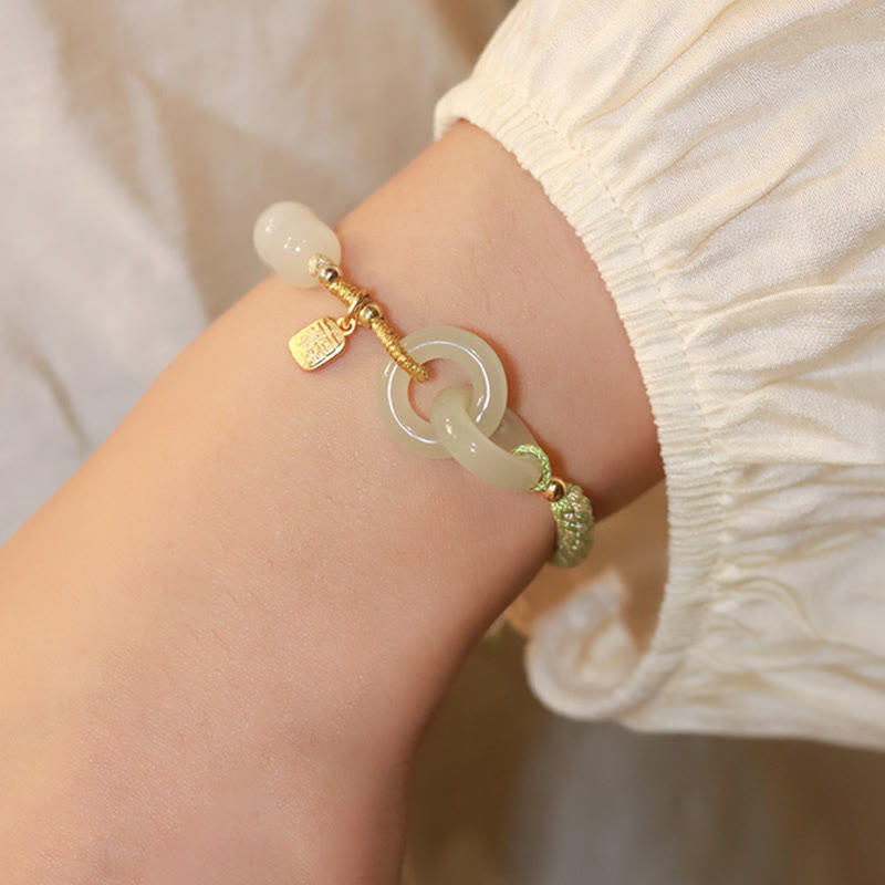 Wear FengShui Natural Hetian Jade Bead Double Peace Buckle Fu Character Abundance Braided Bracelet