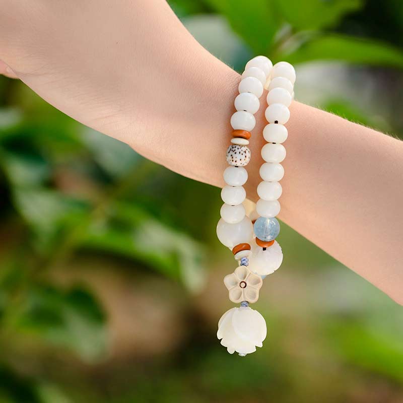 Wear FengShui Tibetan White Jade Bodhi Lotus Blessing Bracelet