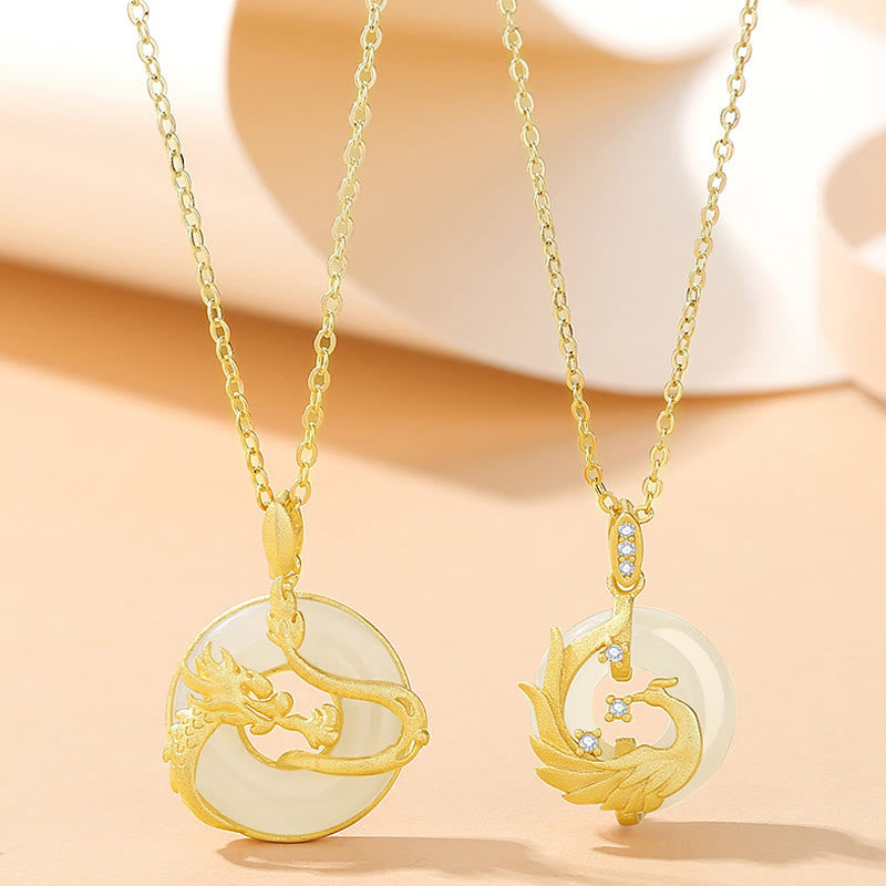 Wear FengShui 925 Sterling Silver Year of the Dragon Hetian Jade Golden Dragon Phoenix Peace Buckle Luck Necklace Pendant