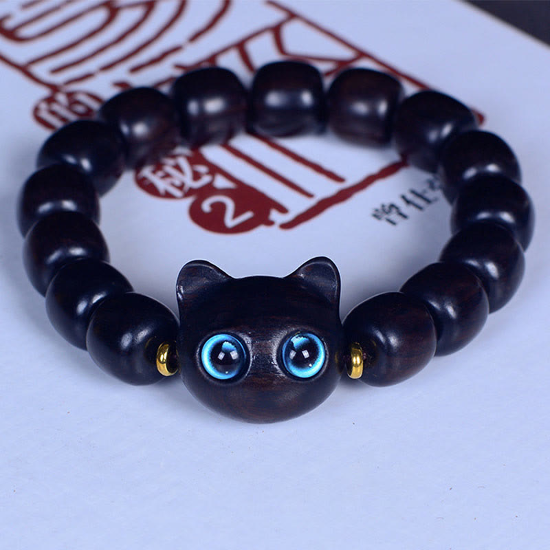 Wear FengShui Ebony Wood Liuli Glass Lovely Cat Peace Balance Bracelet