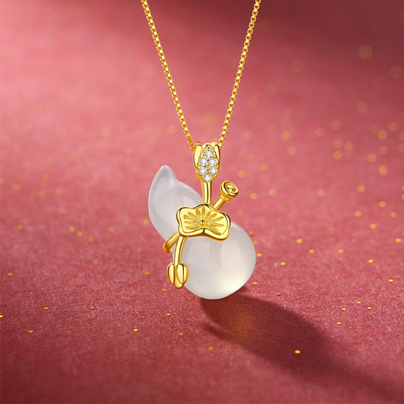 Wear FengShui Cyan Jade Gourd Lotus Leaf Abundance Pendant Necklace