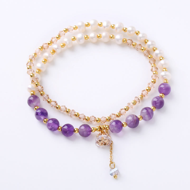 Wear FengShui Natural Amethyst Aquamarine Strawberry Quartz Pearl Peace Healing Double Wrap Bracelet