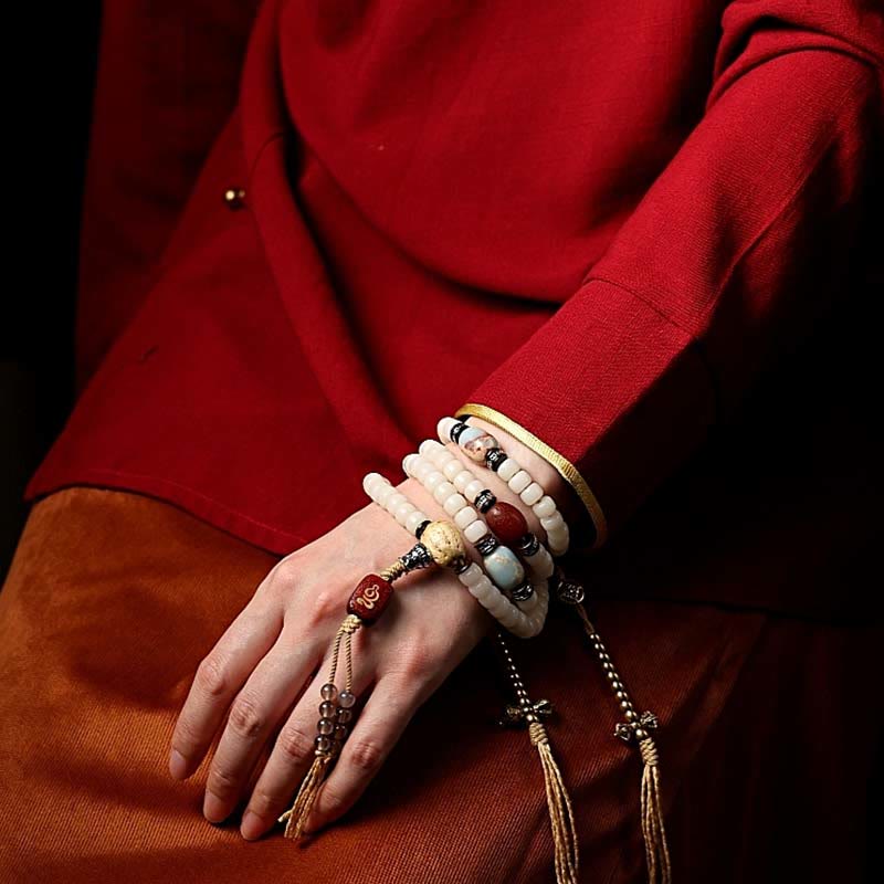 Wear FengShui Tibet 108 Mala Beads Bodhi Seed Bagua Vajra Dzi Bead Gray Agate Wealth Bracelet