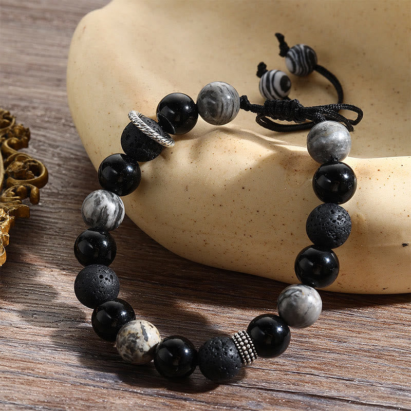 Wear FengShui Vintage Lava Rock Black Obsidian Picasso Jasper Beads Support Rope Bracelet