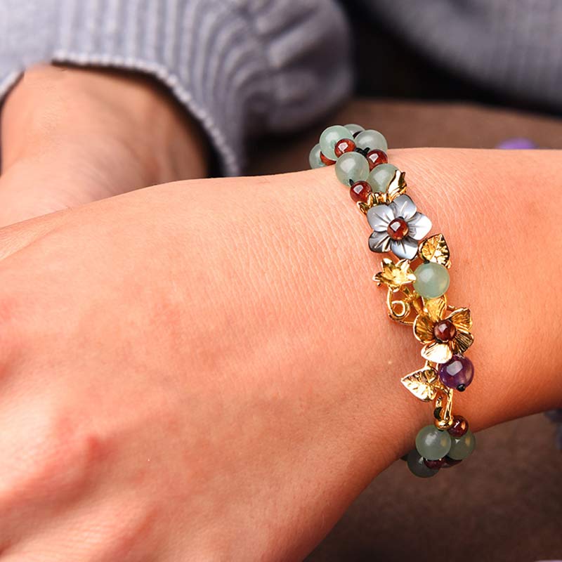 Wear FengShui Green Aventurine Garnet Bead Flower Petal Luck Bracelet